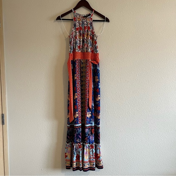 NWOT Maggy London Women's Multicolor Blue Print High Neck Maxi Dress Size 2 - Picture 4 of 10